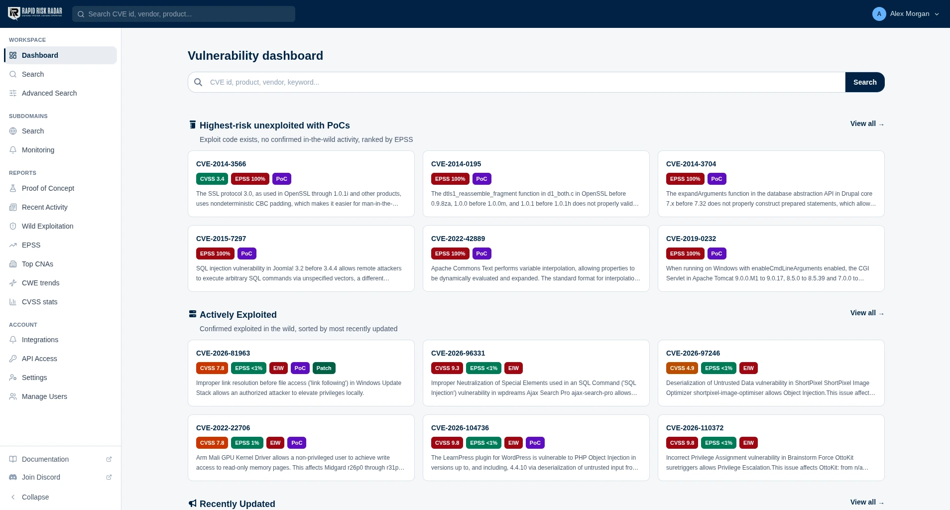 The Rapid Risk Radar dashboard: search, the highest-risk CVEs with public exploit code, and the CVEs confirmed exploited in the wild.